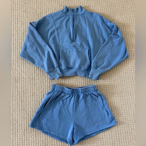 Yogalicious Tops - Yogalicious Cozy Retreat Half Zip Sweatshirt & Shorts Set XS Blue Fleece